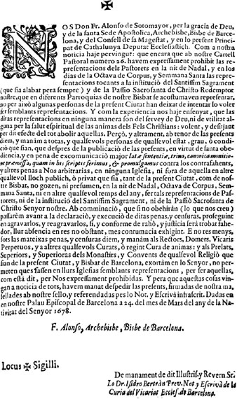 Decret de prohibició, del 24 de març del 1678, signat pel bisbe de Barcelona, Alonso de Sotomayor, en què s'impedeixen les representacions teatrals, entre les quals els Pastorets