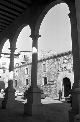 Visita del director general de Belles Arts, Florentino Pérez Embid, a la ciutat de Girona. Vista de la façana de les Àligues des de la Llotja funerària de Sant Domènec. 15 de febrer de 1973