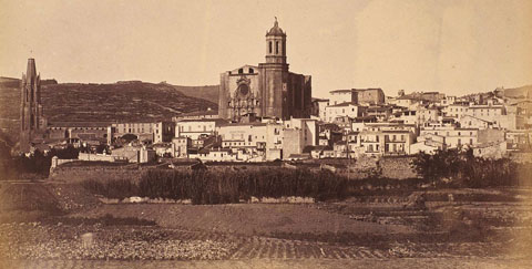 Vista del barri Vell amb les hortes en primer terme. En segon terme, el tram de muralla comprès entre el baluard de Figuerola, a l'esquerra i el baluard de Santa Clara, a la dreta. 1877