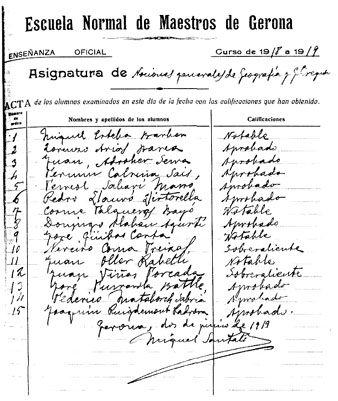 Llista de qualificacions dels primers alumnes que Miquel Santaló va tenir a la Normal de Girona, el curs 1918-1919