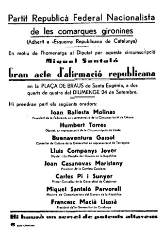 Homenatge a Miquel Santaló el 24 de  setembre de  1933 a la plaça de braus de Santa Eugènia
