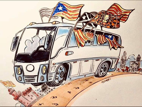 Dibuix de Jordi Juncosa byJunkye al·lusiu a la sortida des de Girona per anar a l'acte