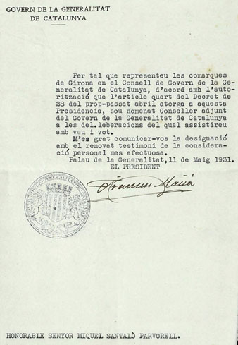 Francesc Macià Llussà a Miquel Santaló i Parvorell, des de Barcelona. 11 de maig de 1931. El nomena Conseller Adjunt de la Generalitat