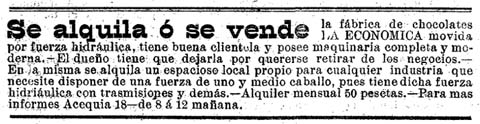 Venda de la fàbrica de xocolata 'La Económica', publicat al 'Diario de Gerona de Avisos y Notícias' del 21/4/1901