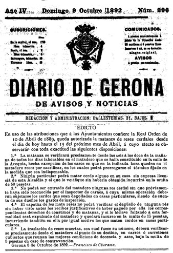 Edicte de l'Ajuntament de Girona sobre l'ús de l'escorxador del carrer de la Sèquia. Publicat al 'Diario de Gerona de Avisos y Notícias' del 9/10/1892