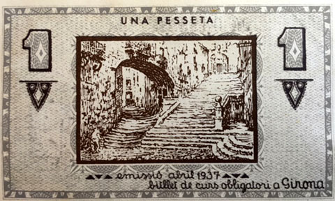 Paper moneda dibuixat per Josep Aguilera. Bitllet d'una pesseta que va circular a Girona entre 1937 i 1939