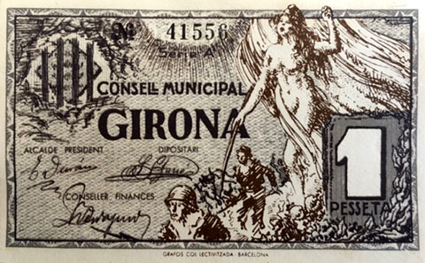 Paper moneda dibuixat per Josep Aguilera. Bitllet d'una pesseta que va circular a Girona entre 1937 i 1939