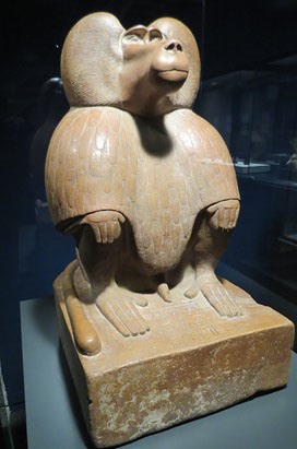 Figura d'un babuí a la gatzoneta. Quarsita vermella. Dinastia XVIII, regnat d'Amenhotep III, Ca. 1390-1352 aC