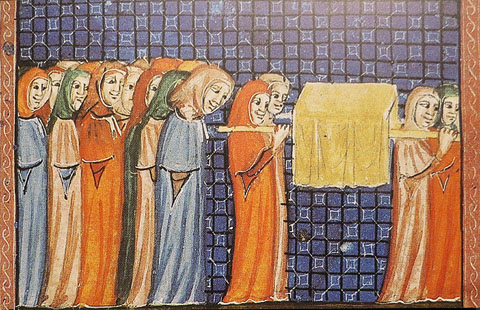 La comitiva fúnebre de camí al cementiri. Hagadà de Sarajevo. Catalunya, ca. 1350
