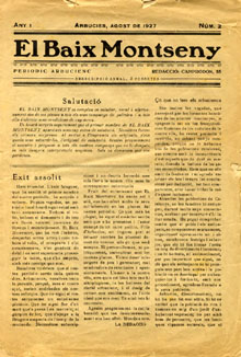 Premsa local. Periòdic 'Baix Montseny'. Número 2. Agost de 1927