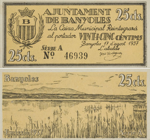 Bitllet de 25 cèntims emès per l'Ajuntament de Banyoles durant la Guerra Civil