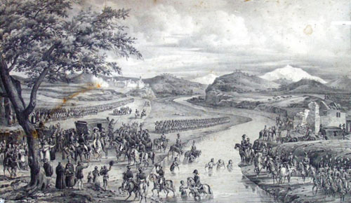 Paso del ro Fluviá de S. M. el Señor Dn. Fernando 7mo. Rey de España y de las Indias En 24 de Marzo de 1814 de vuelta de su Cautiverio en Francia