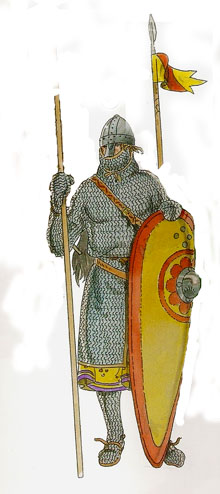 Cavaller amb ausberg llarg amb capmall incorporat i manyoples. Segle XII