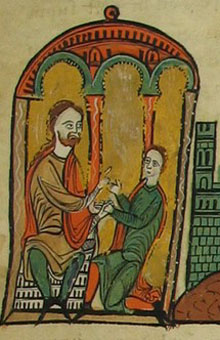 Miniatura del Liber Feudorum Maior on s'hi representa Bernat I de Besalú, Tallaferro, personatge assegut i barbut, rebent l'homenatge del seu fill Guillem I, que està agenollat