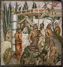 Sacrifici d'Ifigènia. Mosaic d'època romana trobat el 1849 a les excavacions d'Empúries, i arrencat el 1937