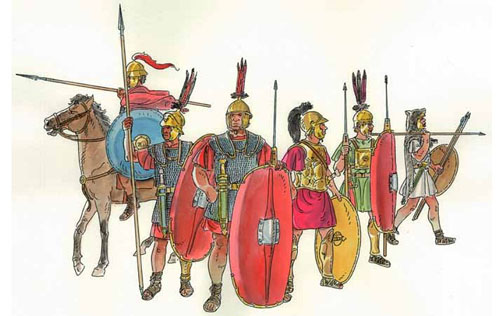Soldats de les legions romanes. D'esquerra a dreta, equites, triarii, hastati, oficial, principes i velites