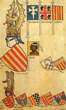 Títols de Pere el Cerimoniós. Armorial de Gelre (1370-1414). Reial Biblioteca de Bèlgica