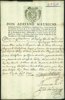Carta del 7 de gener de 1711 del duc de Noailles als jurats de Palafrugell, Mont-ras, Llofriu, Torrent i Torrentí, reclamant el dret de bagatge des de Girona