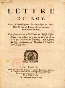 Carta de Lluís XIV a l'arquebisbe de París per fer cantar un Te Deum per la presa de Palamós. 1694