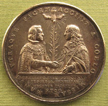 Medalla commemorativa de la Pau dels Pirineus. S'hi representen Felip IV de Castella i III d'Aragó, i Lluís XIV de França. 1660