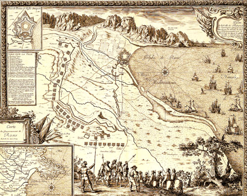 Plan de la ville de Roses en Catalogne assiegée le 2e d'Avril par les Armées du Roy tres Ches. Commandées par le Marechal du Plessis Praslain