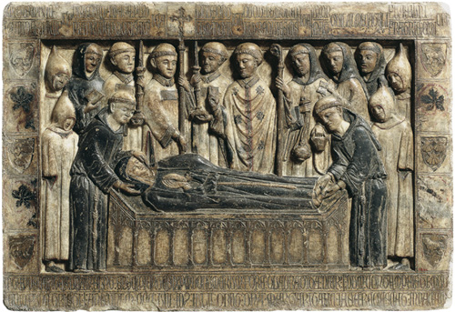 Làpida sepulcral de Margarida Cadell (morta el 1308). Primer quart del segle XIV. Talla en marbre amb restes de policromia