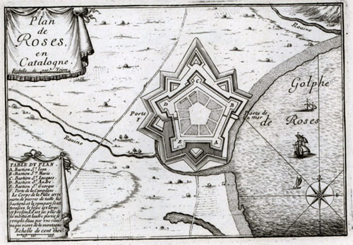La vila de Roses. Sieur de Beaulieu, 1668. Les Plans, et Profils des principales Villes, et lieux considerables de la Principauté de Catalogne : avec la Carte generale, et les particulieres de chaque gouvernement
