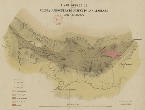 Plano geológico de la cuenca carbonífera de Sn Juan de las Abadesas, prova de Gerona, por Amalio Maestre. 1855