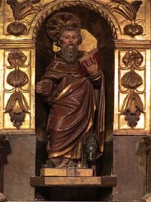 Sant Antoni abat. Detall de la figura superior del retaule que li és dedicat. Fusta policromada. Segle XVIII
