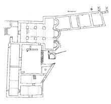 Plànol del conjunt monàstic conservat a nivell de la planta baixa, amb l’església, el pati del claustre i les dependències que l’envoltaven