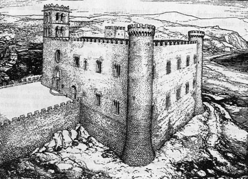 Recreació del palau-castell dels vescomtes de Cabrera. Segle XIV-XV. Dibuix d'Isidre Puig i Boada