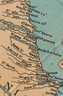 Fragment del mapamundi de Pomponi Mela reconstruït per K. Miller (1898), on apareix Blanes (Blanda)