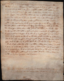Donació datada el 4 de març de 1300. Ponç Hug, comte d'Empúries i vescomte de Cabrera, dóna a Bernat de Cartellà en feu 8 jornals de terra vora l'estany de Sils
