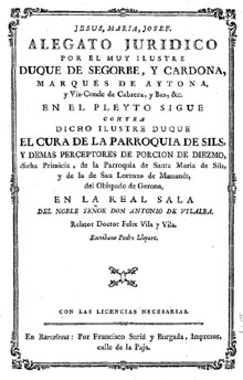 Portada del Alegato juridico por el muy ilustre Duque de Segorbe, y Cardona