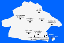 Mapa del municipi amb la situació dels diferents nuclis de població. En el cas dels nuclis disseminats, s'ha agafat com a punt l'església que dona nom al poble, i en el cas particular de la Vall del Bac, l'Hostal de la Vall del Bac