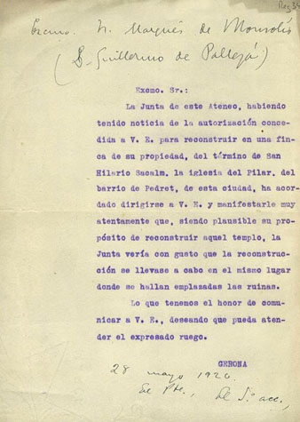 Ateneu de Girona a Guillem de Pallegà Marquès de Monsolís, des de Girona. Sense signatura. 28 de maig 1920