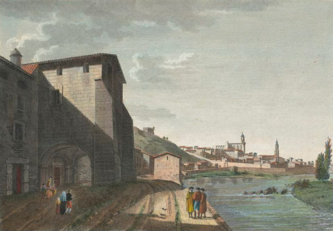 Vista de Girona des del barri de Pedret, amb l'arcada de l'església del Pilar en primer terme. A la dreta, el riu Ter. Al fons s'observa la torre de Sant Joan, la muralla de Sant Pere i el portal de França, la Catedral i l'església de Sant Feliu. 1806