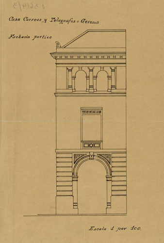 Plànol de la façana de la plaça de la Independència de l'edifici de Correus, 1916