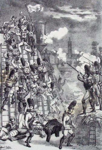 Assalt del francesos a Girona la nit del 20 de juny de 1808 al baluard de Santa Clara, que acabà amb el rebuig dels atacants. S'hi poden distingir el pont de Sant Francesc, damunt l'Onyar, possiblement en un dibuix ideal, i el campanar de Sant Feliu