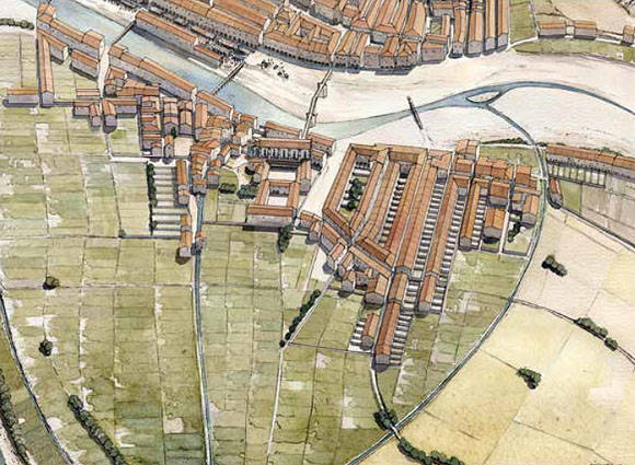Recreació a vol d’ocell del Mercadal cap al 1360 vista des de ponent. El barri havia assolit la màxima extensió construïda, malgrat que ja havien començat els temps de recessió