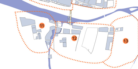 Fragment de plànol de Girona a mitjan segle XIII on s’han delimitat els diferents burgs i
barris de la ciutat: (11) Mercadal, (12) Fontanilles, (13) Cuguçacs