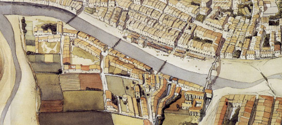 Restitució a vol d'ocell del burg del Mercadal a principi del segle XIV