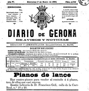 Anunci de la llibreria Geli publicat a Diario de Gerona del 17 de gener de 1894