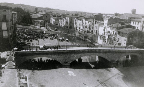 Vista des d'un punt elevat del mercat de l'Areny i el pont de Pedra. A la dreta, un tram de la muralla del Mercadal amb el portal d'en Vila. Al fons, el convent de Sant Francesc de Paula, conegut popularment com els Mínims. 1896-1902