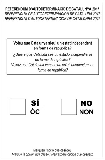 Facsímil de la cèdula de votació que es va fer servir al referèndum d'autodeterminació de Catalunya de 2017