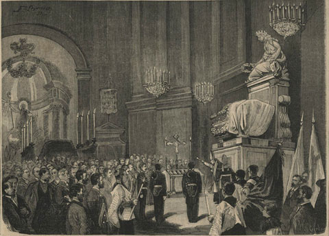 Cerimònia per a la inhumació de les restes del general Álvarez de Castro, celebrada a l'església de Sant Feliu. 1880