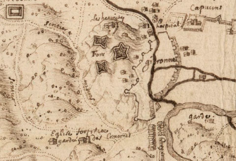 Fragment de 'Carte manuscrite des environs de Gironne avec le plan de la ville', 1600-1699
