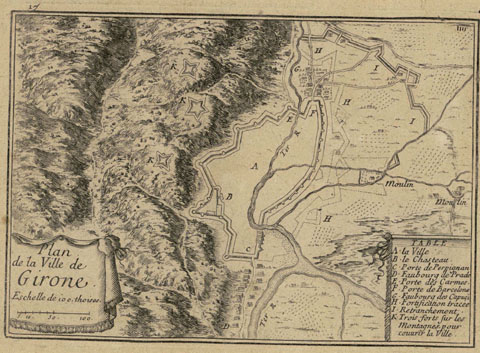 Plànol de Girona extret de 'Les Plans, et Profils des principales Villes, et lieux considerables de la Principauté de Catalogne : avec la Carte generale, et les particulieres de chaque gouvernement' Sébastien de Pontault de Beaulieu, 1659