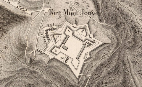 El castell de Montjuíc. Detall de 'Plan des attaques du fort Montjuich et de la ville de Gironne', 1821, Laurent de Gouvion Saint-Cyr