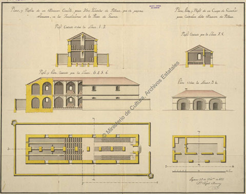 Plano, y Perfiles de una Almacen Cencillo, para 2500 quintales de polbora, que se propone executar, en las ymediaciones de la plaza de Gerona. Plano, Vista y Perfil de un Cuerpo de Guardia para custodiar dicho Almacen de Polvora. 29 de desembre 1755